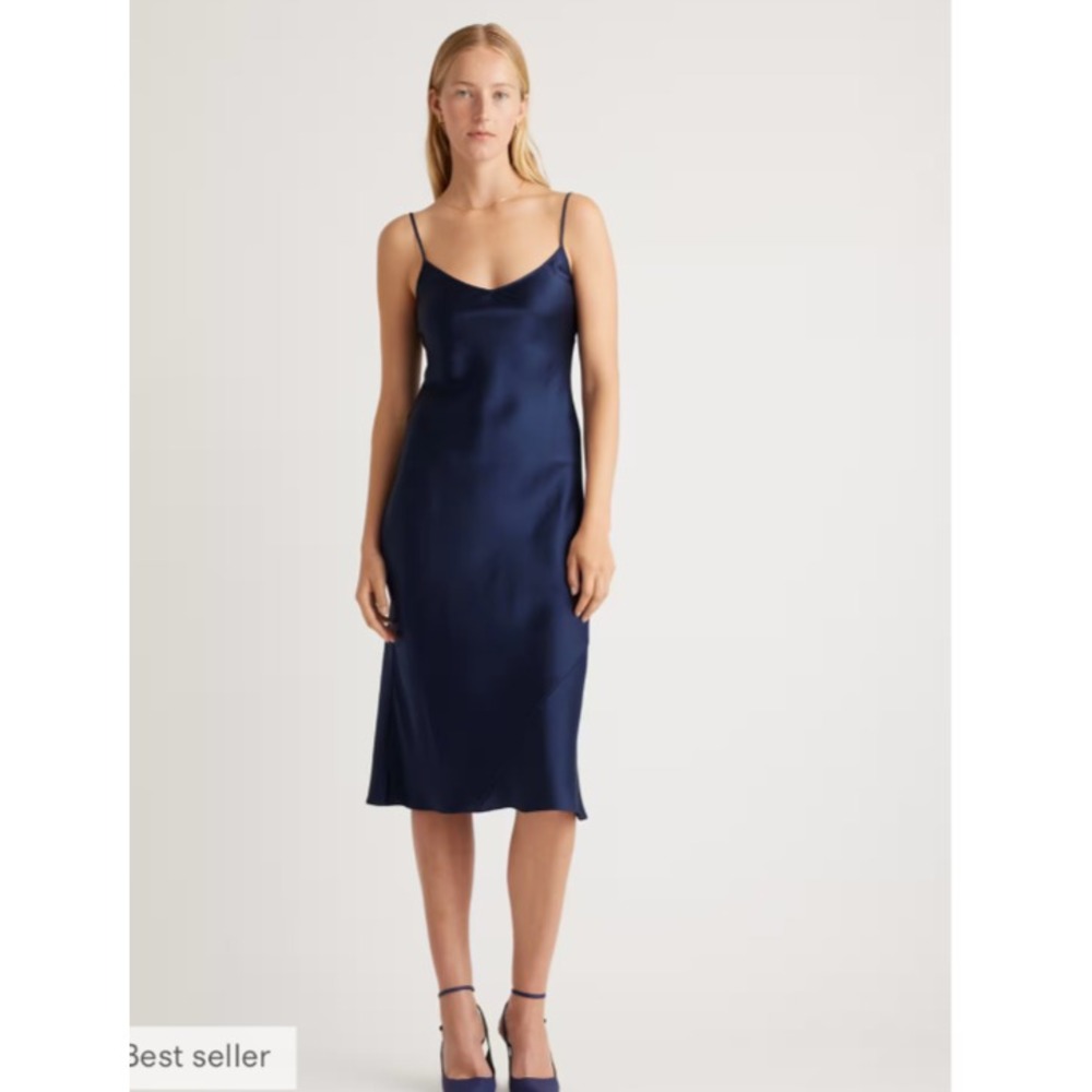 Quince Slip Dress Women XS Navy Blue 100% Silk Midi V-Neck Minimalist Fairy Chic